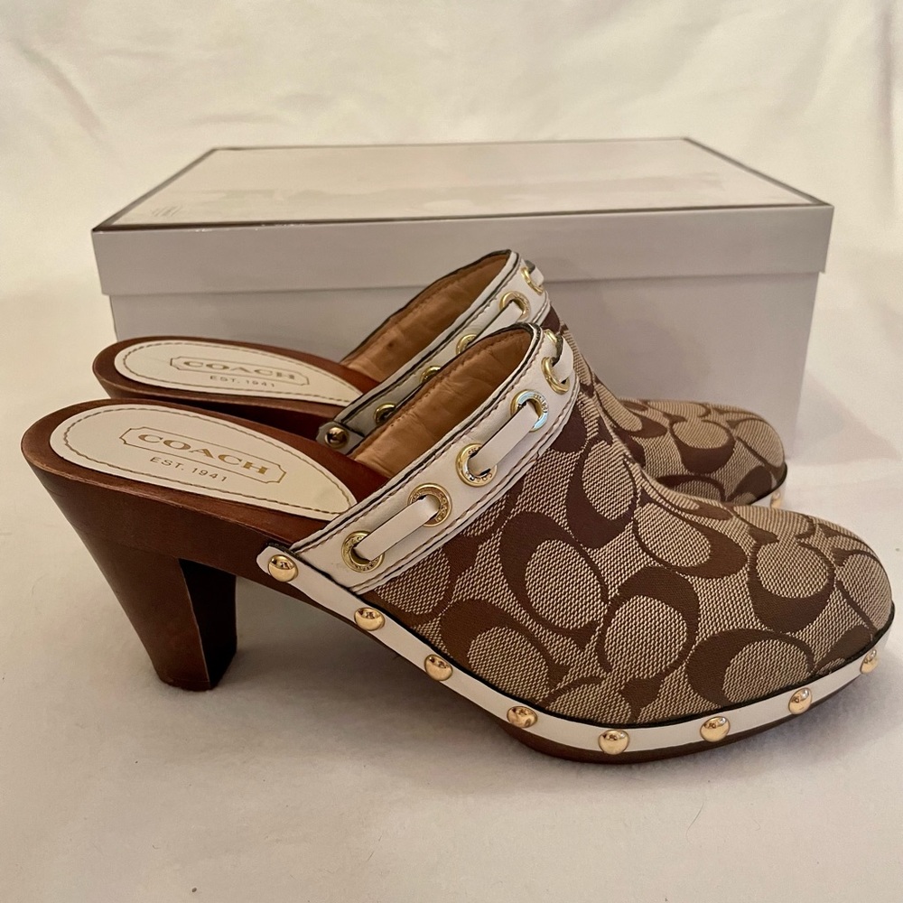 Coach logo fabric and leather mule